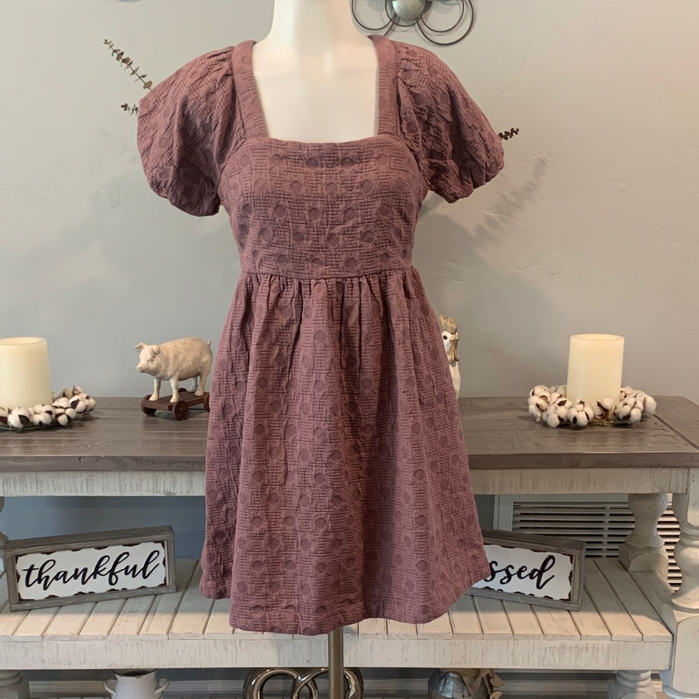 Madewell Mauve Textured Puff-Sleeve Mini Dress